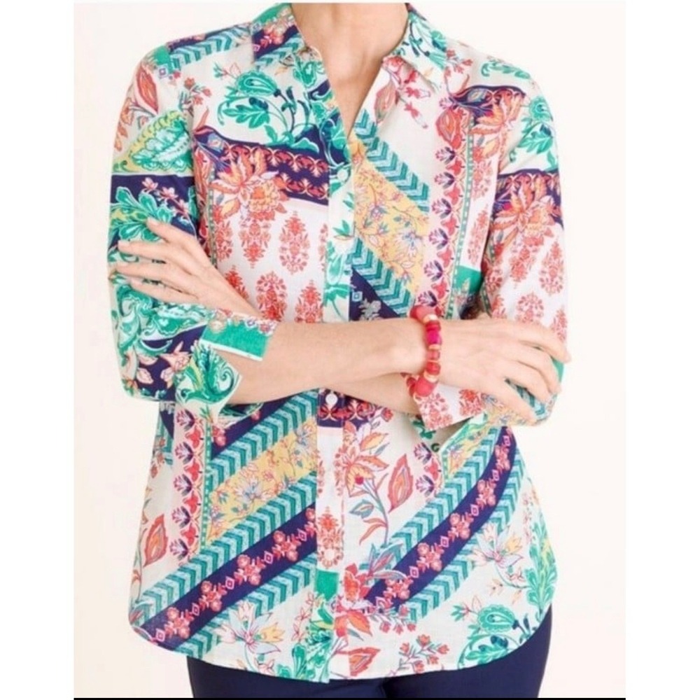 Chico's No Iron 100% Linen Paisley Floral Patchwork Button Down Shirt 2P Large